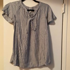 Blue and white striped flutter sleeve shirt